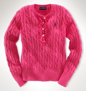 Polo Girls Cabled Cotton Henley Sweater/Society Pink (Girls 7-16)