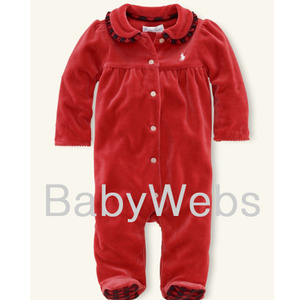 Velour Plaid-Trim Coverall/RL 2000 Red (Layette)